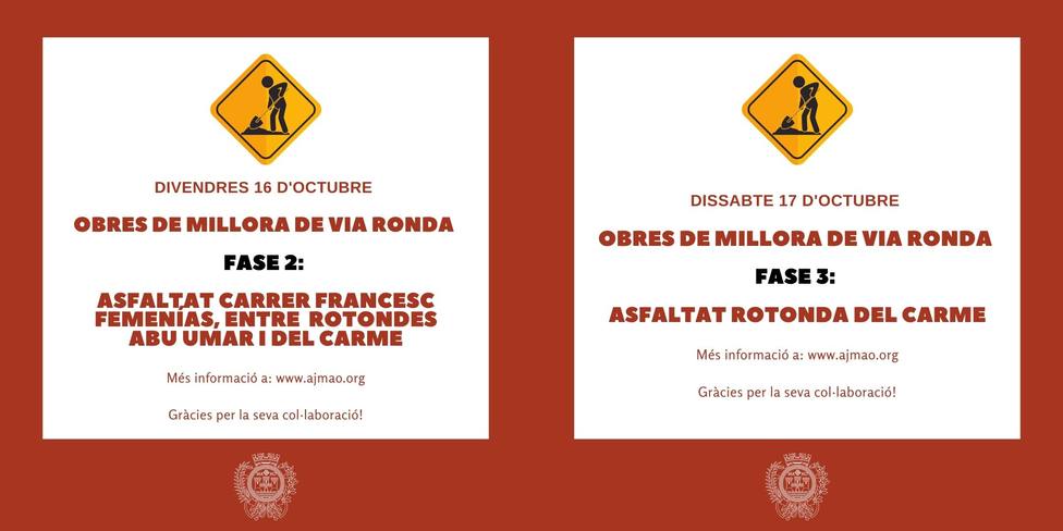 El Ayuntamiento de Maó ejecutará las fases 2 y 3 del asfaltado de la Vía Ronda, el viernes día 16 y el sábado