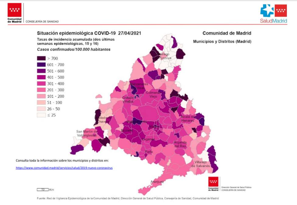 Mapa de incidencia acumulada en la Comunidad de Madrid a 27 de abril