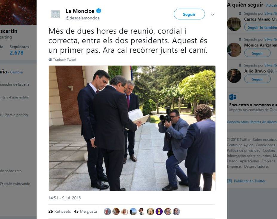 La cuenta oficial de Moncloa en Twitter publica un mensaje en catalán tras la reunión con Torra