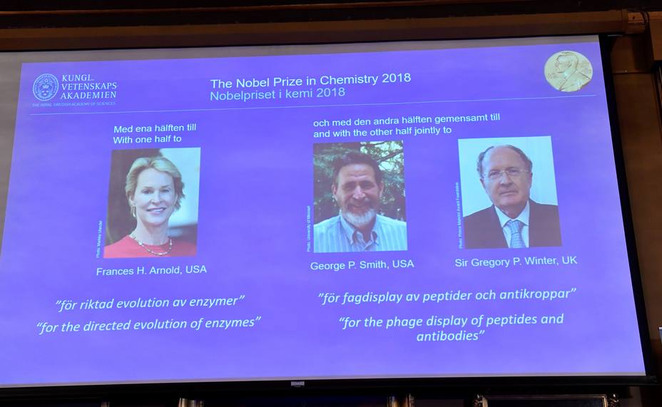 Los ganadores del Nobel de Química, los estadounidenses Frances H. Arnold y George Smith y el británico Winter