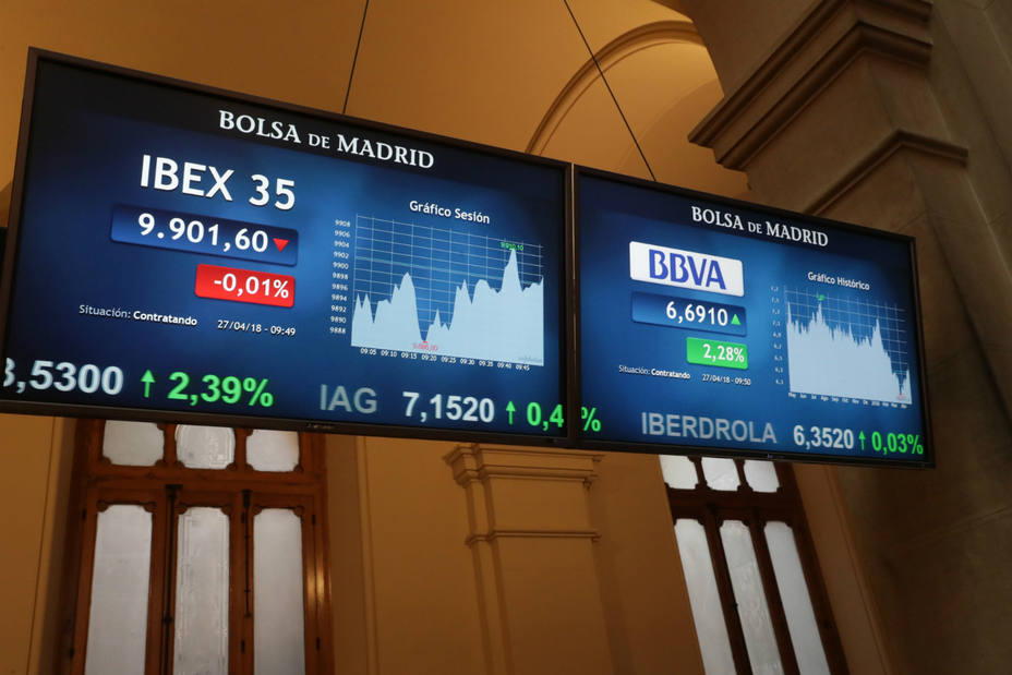 La sede de la Bolsa de Madrid en el arranque de la jornada de este viernes 27 de abril. EFE