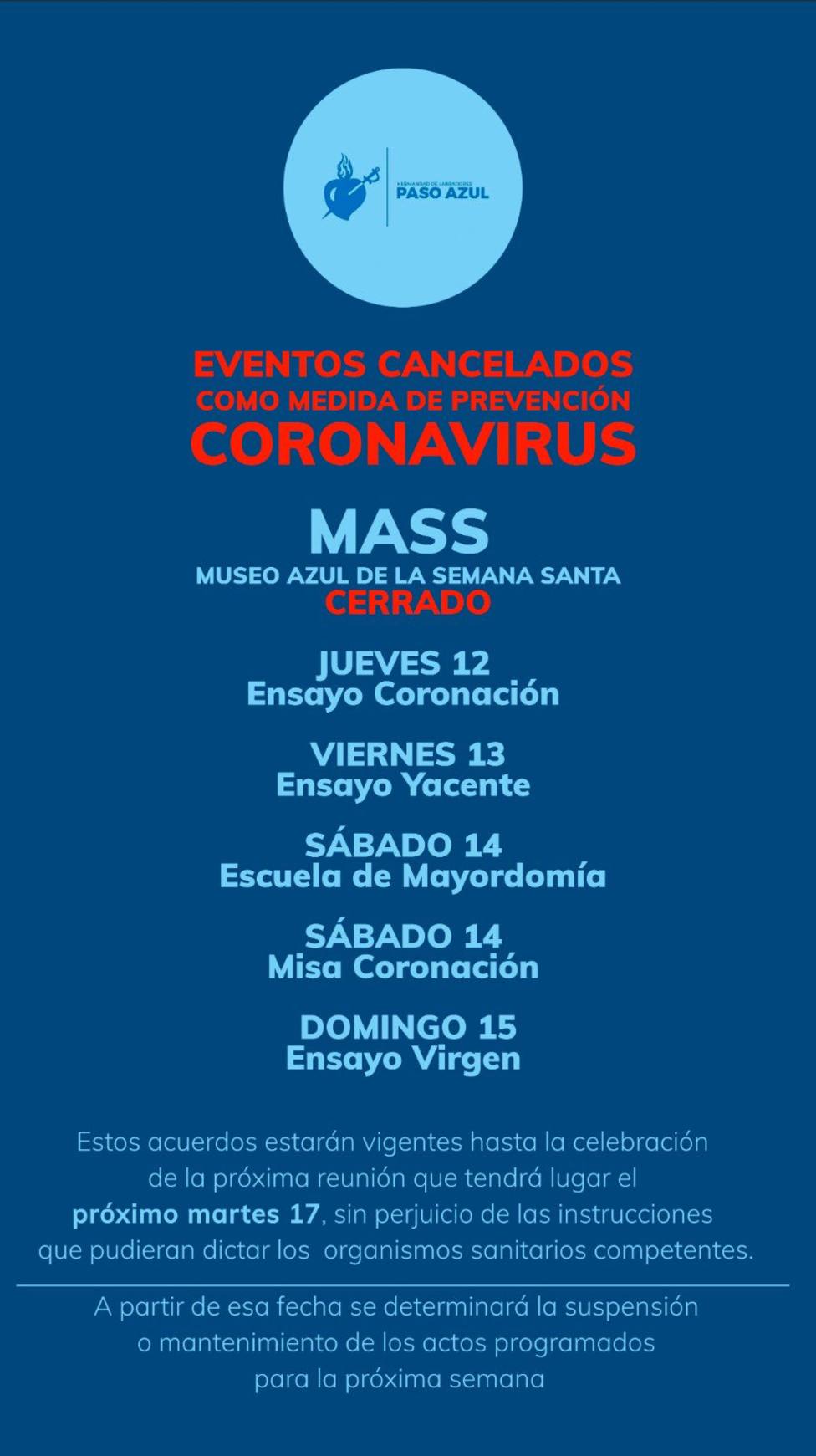 El Paso Azul cancela varios de sus eventos por el Coronavirus