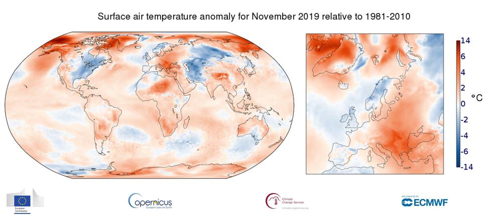 El mes de noviembre de 2019 fue el tercer noviembre más cálido de la historia, según Copernicus