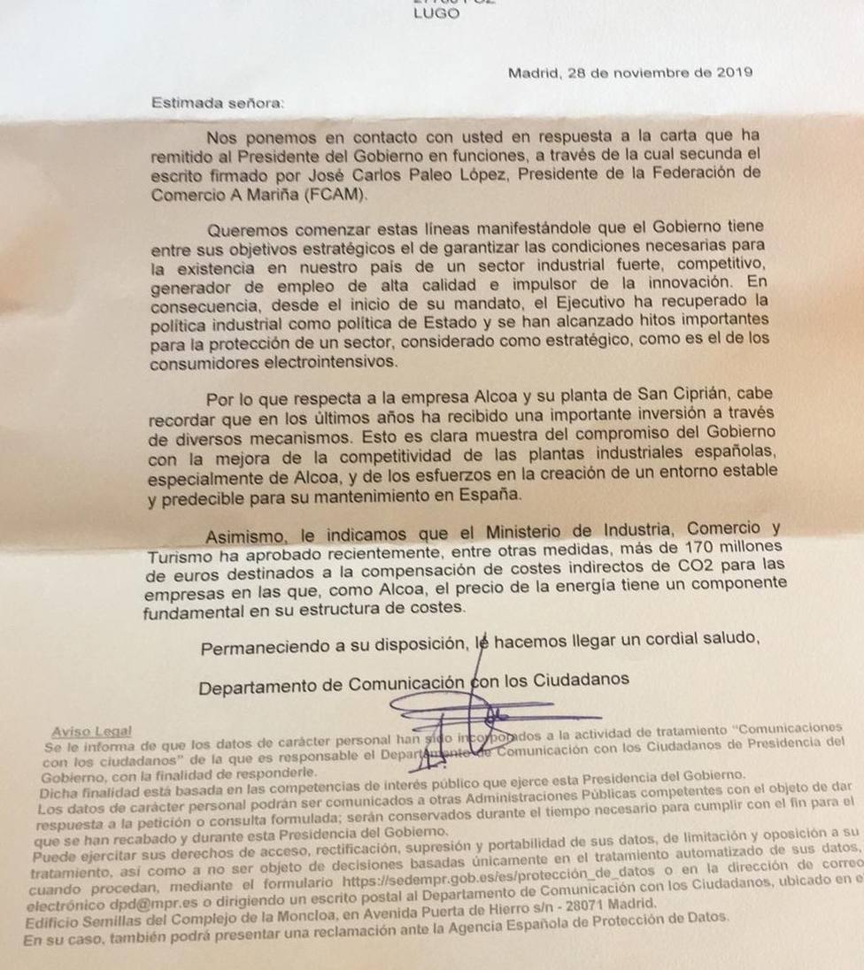 Recibe respuesta una de las 5.000 cartas enviadas al Gobierno para pedir solución para Alcoa