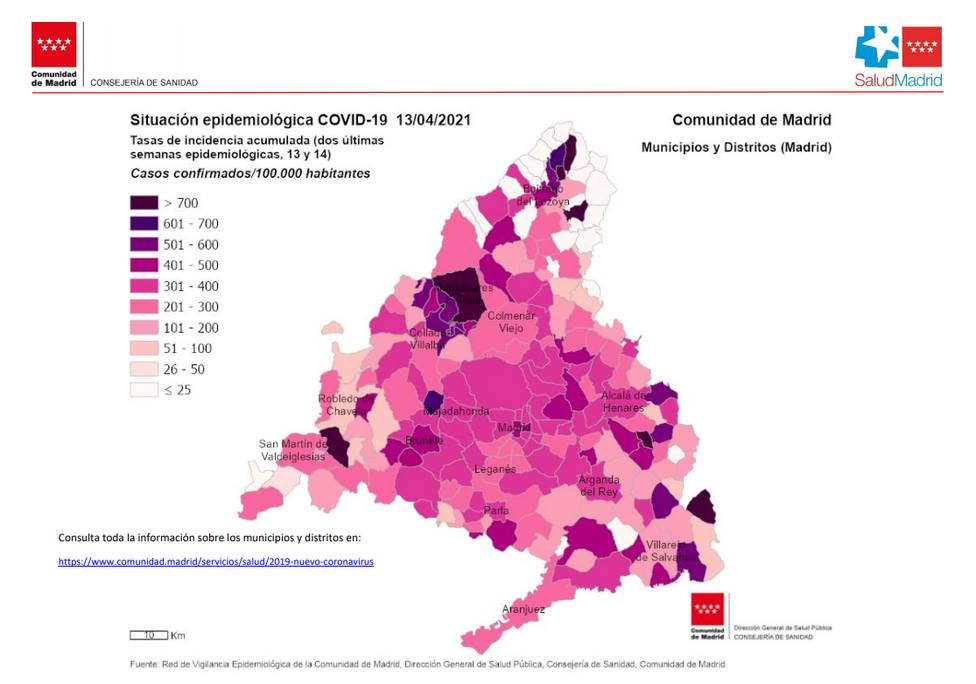 Mapa de incidencia acumulada en la Comunidad de Madrid a 13 de abril