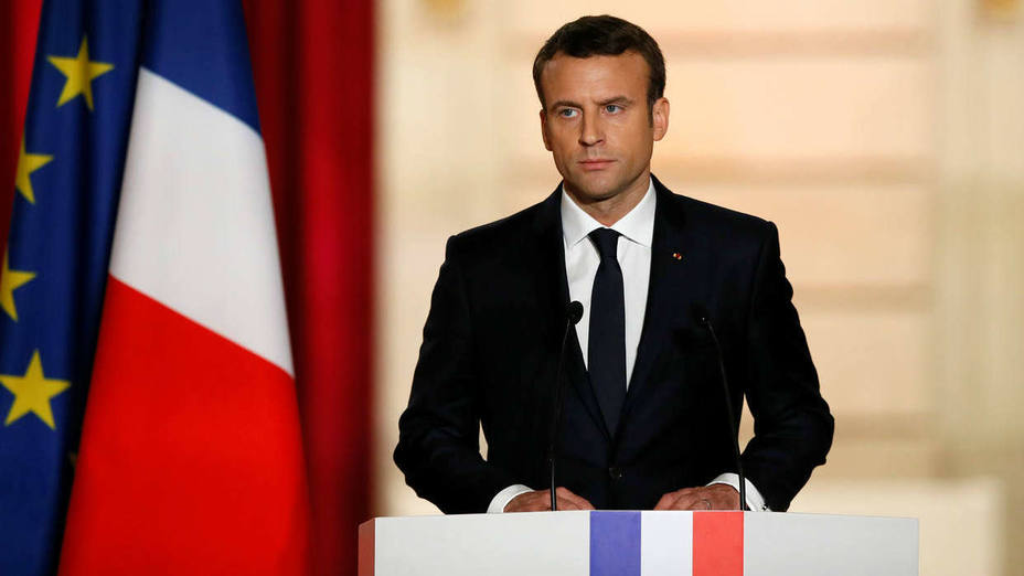French President Emmanuel Macron delivers a speech during his inauguration at the handover ceremony at the Elysee Palace in Paris