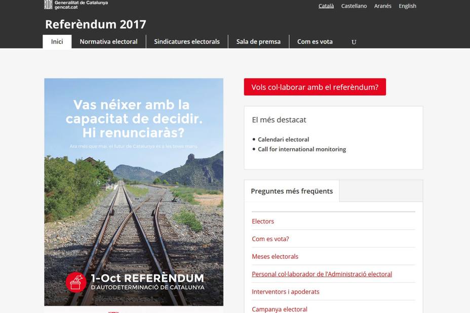La portada de la web oficial del referéndum cerrada por el juez de Barcelona.