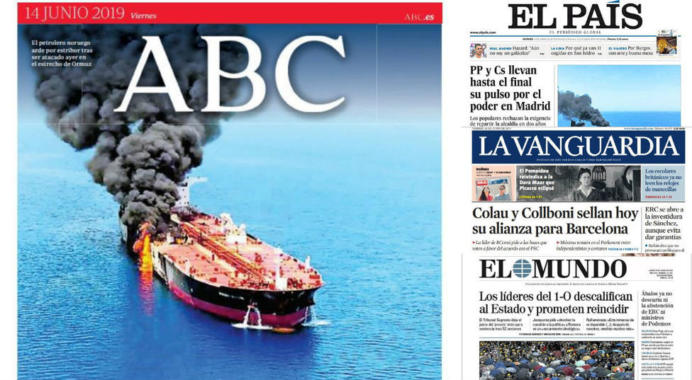 La escalada de tensión entre EE.UU. e Irán por el ataque a dos petroleros, portada en la prensa