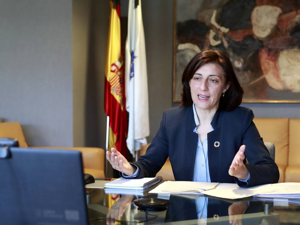 La conselleira Ángeles Vázquez en su despacho durante la videoconferencia