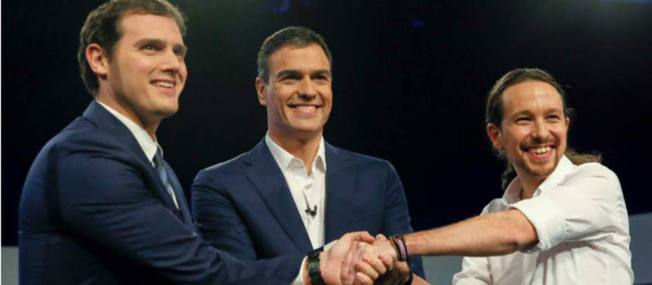 Abert Rivera, Pedro Sánchez y Pablo Iglesias en el debate de EL PAÍS.