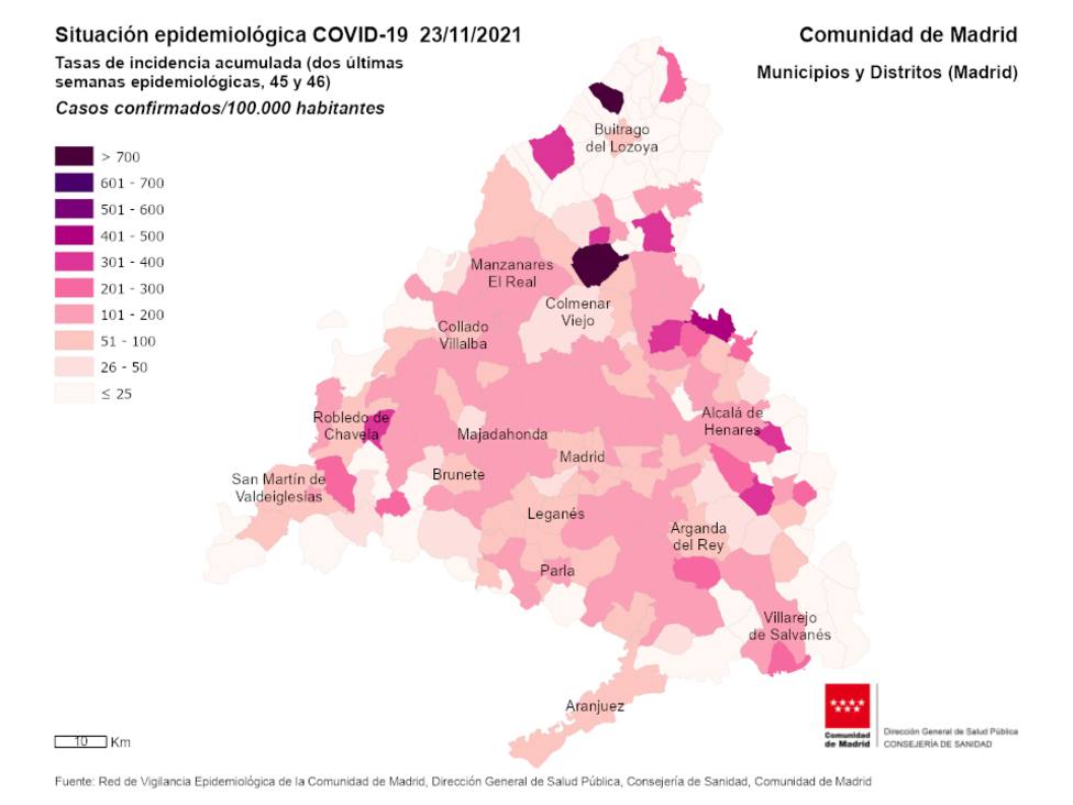 Mapa de incidencia acumulada por COVID 19 en la región a 23 de noviembre