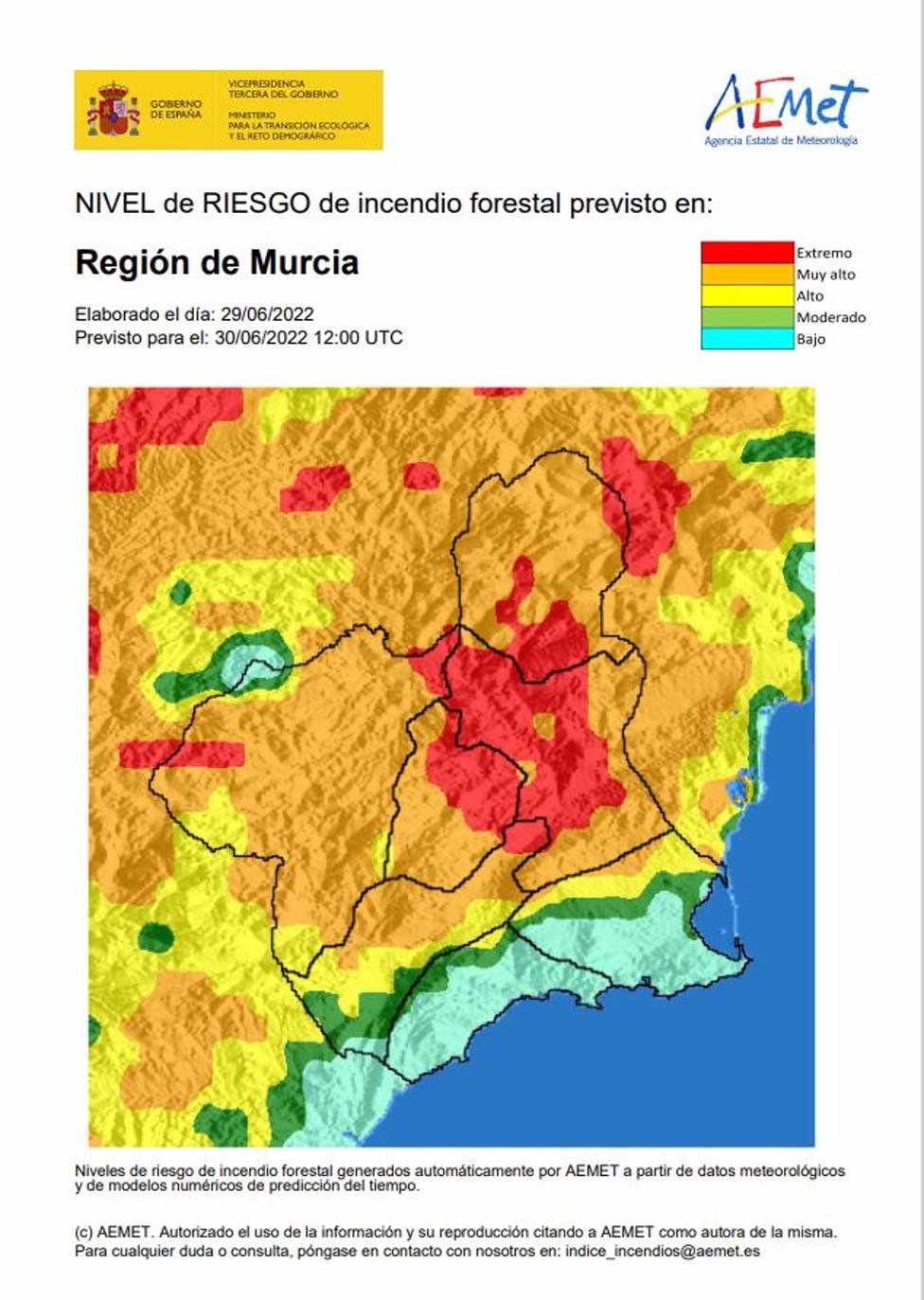 El nivel de riesgo de incendio forestal previsto para este jueves es extremo en la Vega Alta, Ricote y Murcia