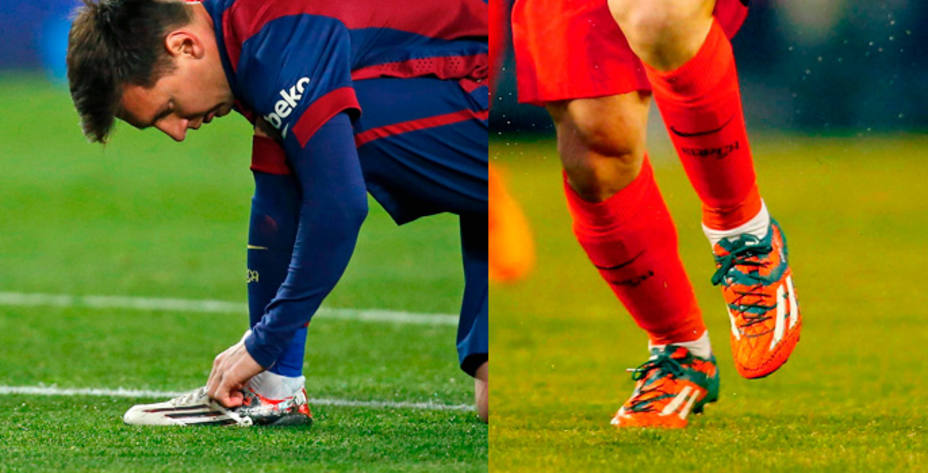 Messi, con las nuevas botas (izquierda) y con las viejas (derecha)