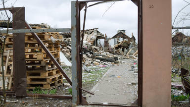 Dmytrivka village, Kyiv region, Ukraine - April 13, 2022: Destroyed private house during active hostilities
