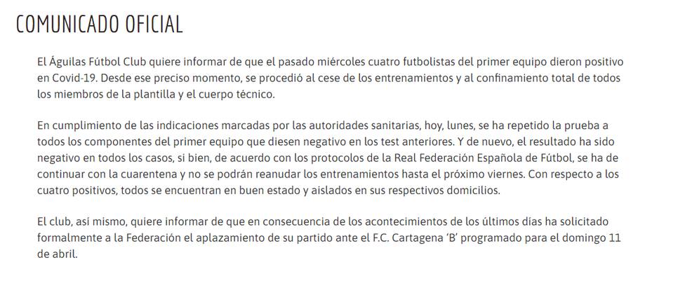 El Águilas FC confirma cuatro casos positivos en su plantilla