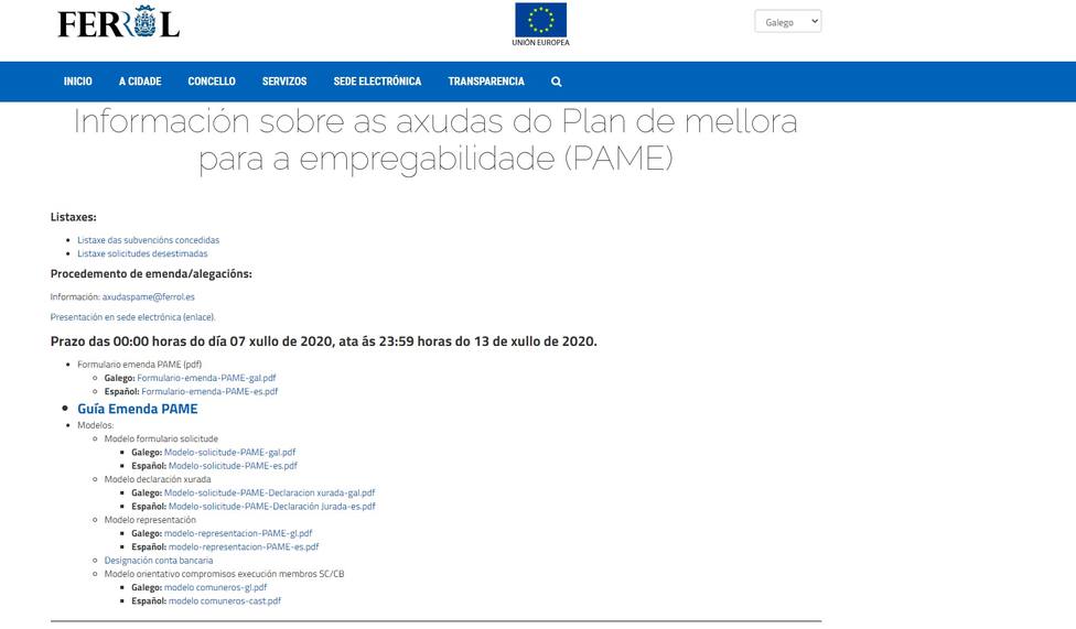 Portada de la página web del Ayuntamiento de Ferrol en donde se abordan estas ayudas