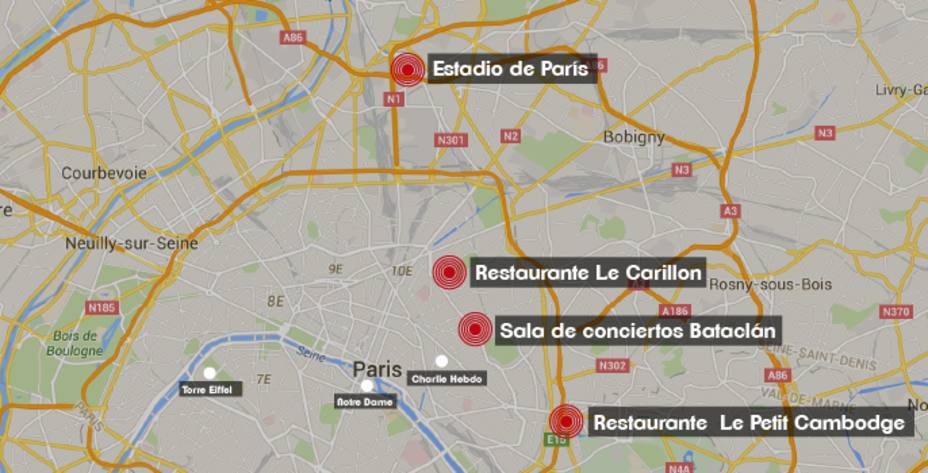 Mapa de París de las zonas atacadas