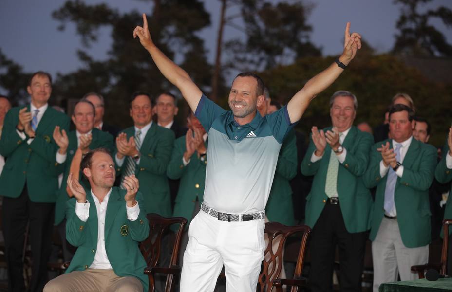Sergio Garcia of Spain celebrates during the green jacket ceremony after he won the 2017 Masters in Augusta