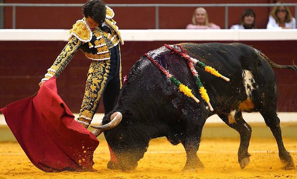 Derechazo de José Garrido al sexto toro lidiado hoy en Logroño y al que ha cortado una oreja