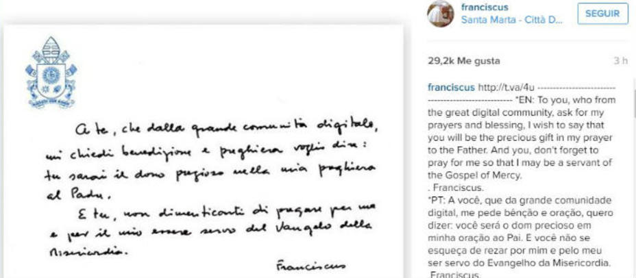 Imagen de la última entreda del Papa en Instagram
