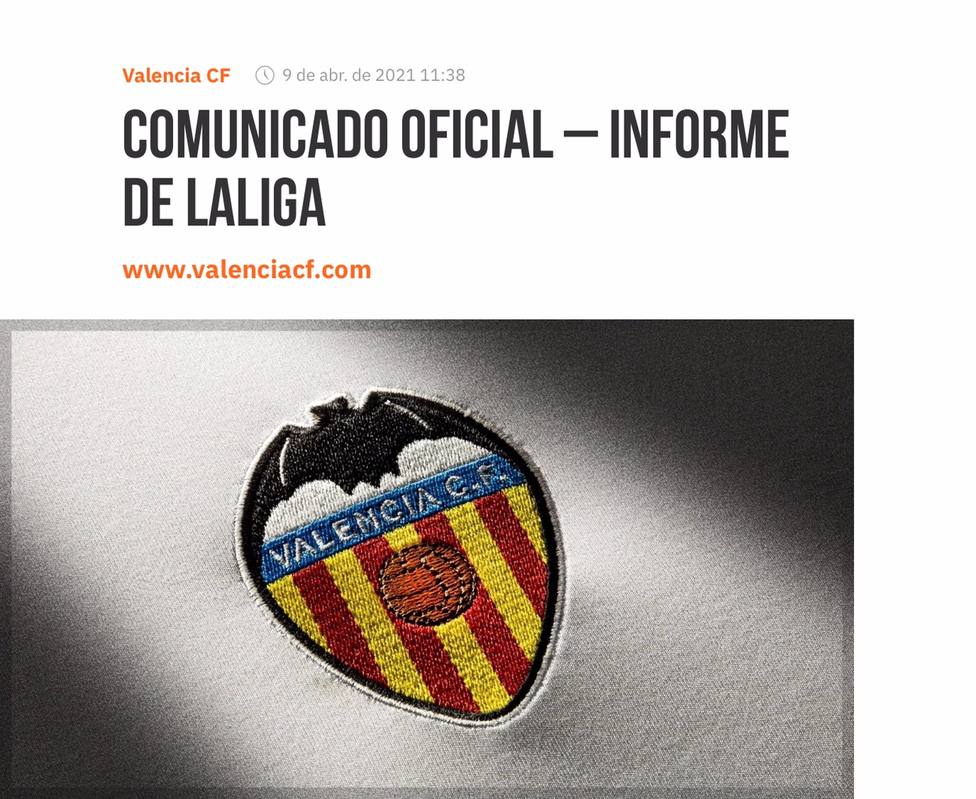 Portada del comunicado del Valencia CF
