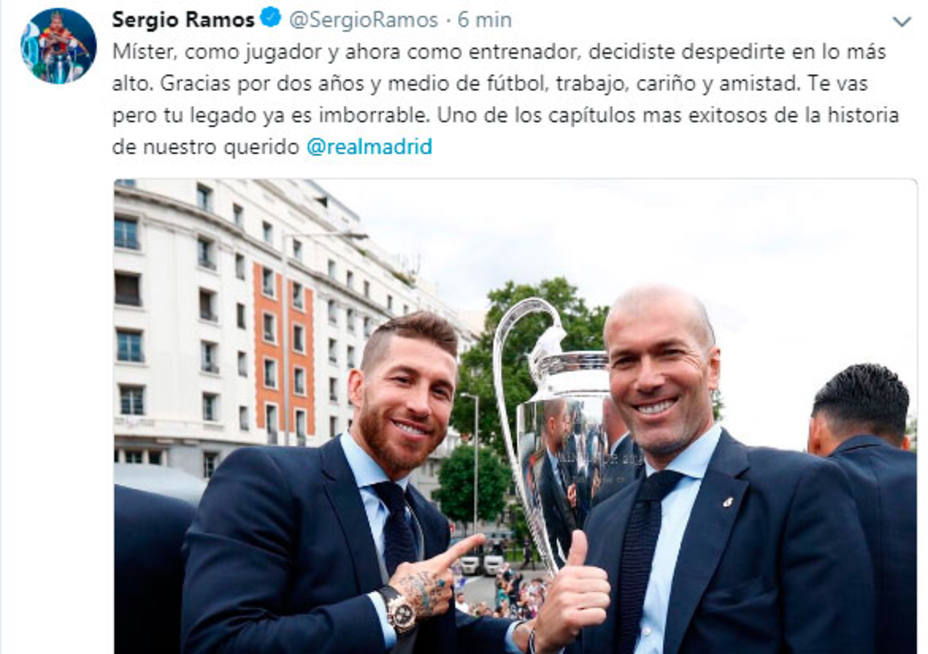 Sergio Ramos se despide de Zidane en Twitter