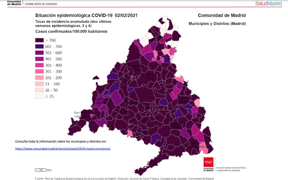 Mapa epidemiológico de la Comunidad de Madrid a 2 de febrero