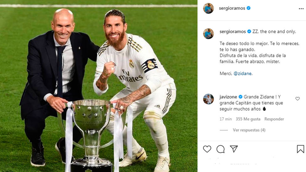 Sergio Ramos escribe un mensaje cariñoso para Zidane en su cuenta de Instagram