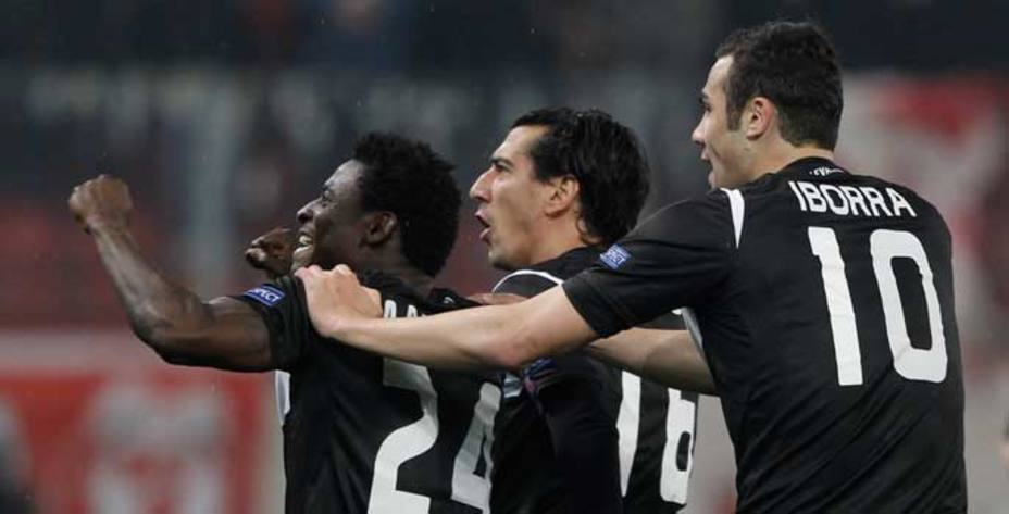 Martins celebra el gol del Levante contra el Olympiacos (Reuters)