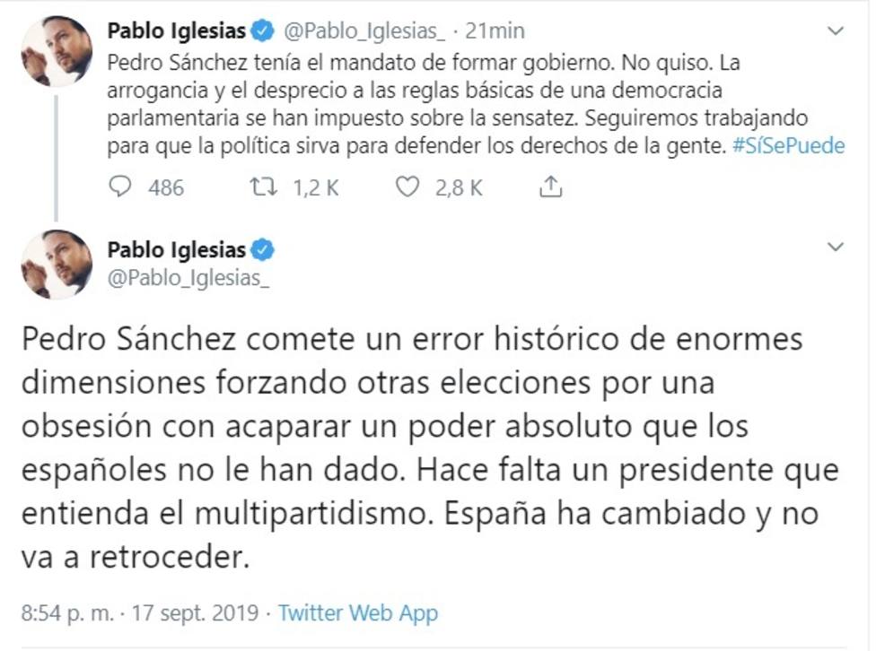 Iglesias culpa a Sánchez del error histórico de repetir elecciones y pide un presidente que asuma el multipartidismo