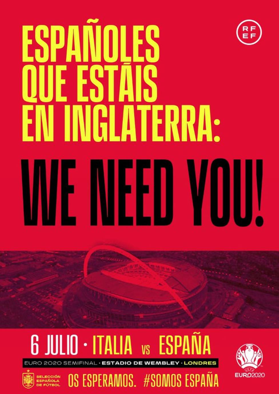 La RFEF pide a aficionados españoles en Inglaterra que acudan a Wembley