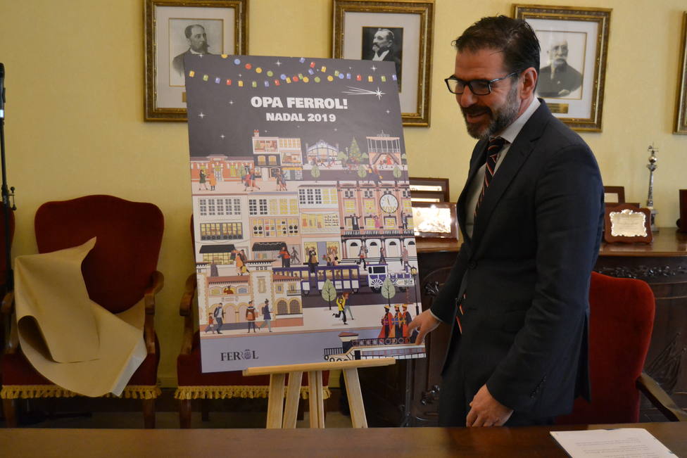 El alcalde de Ferrol, Ángel Mato, muestra el carte de Navidal de Ayuntamiento - FOTO: Concello de Ferrol