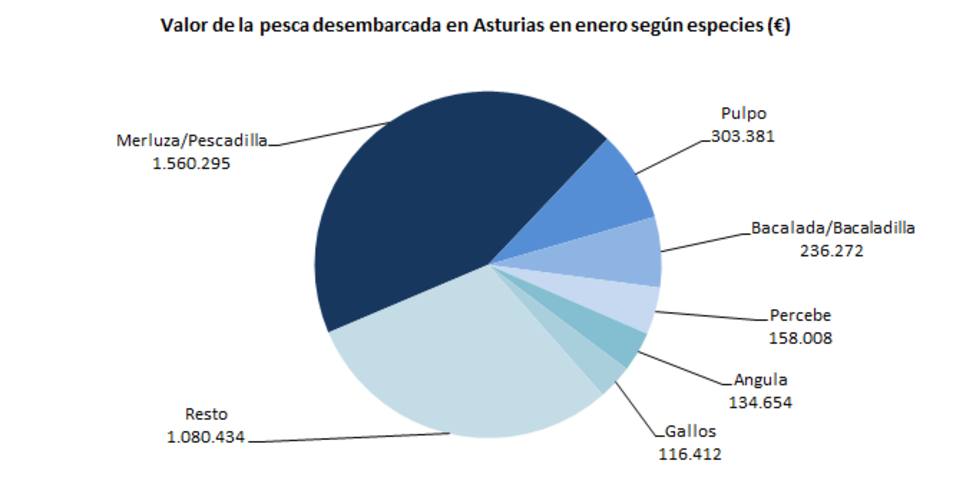 Gráfico de las capturas de pesca desembarcadas en el mes de enero en Asturias