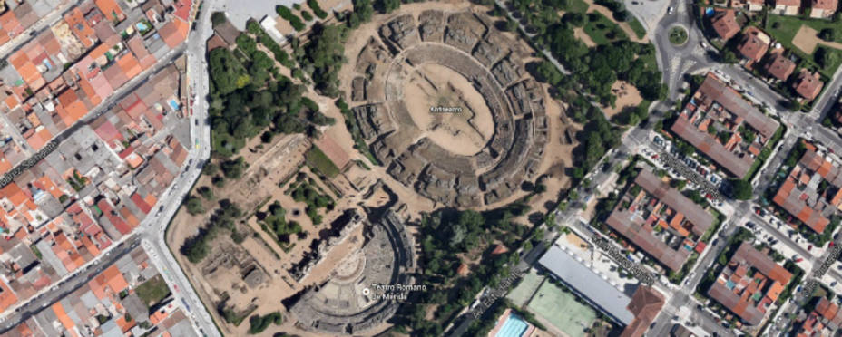 El Teatro y el Anfiteatro Romano de Mérida. Google Maps.