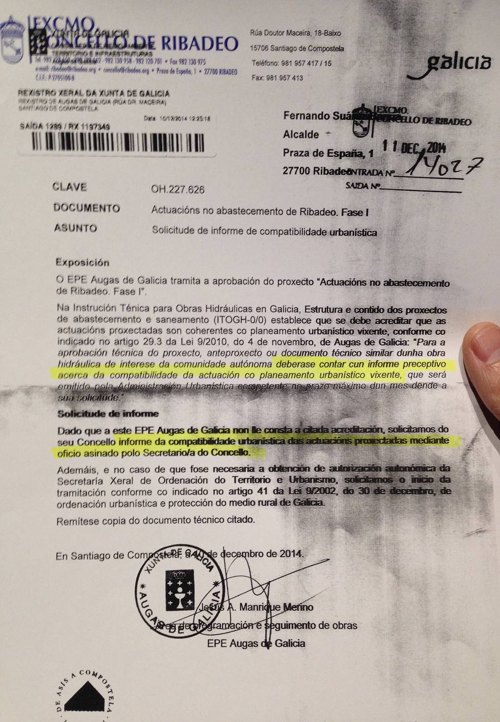 Separata enviada por la Xunta de Galicia al Concello de Ribadeo relativa a la traída de agua