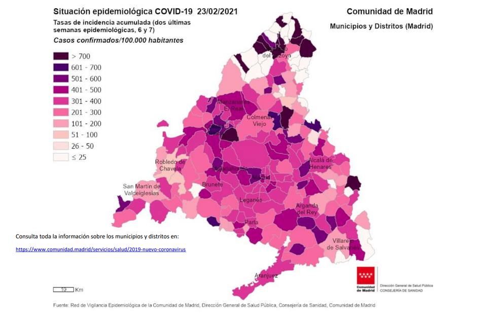 Mapa de Incidencia Acumulada de la COVID 19 en la Comunidad de Madrid a 23 de febrero