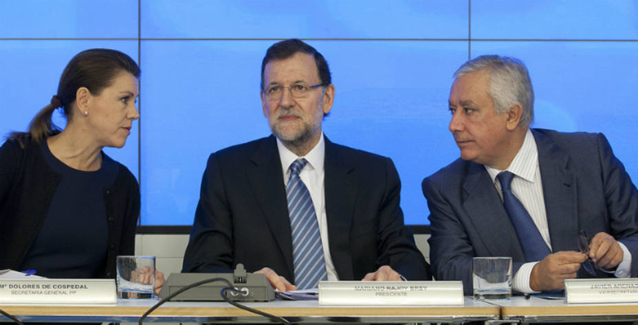 Cospedal, Rajoy y Arenas durante el Comité Ejecutivo Nacional. Foto PP