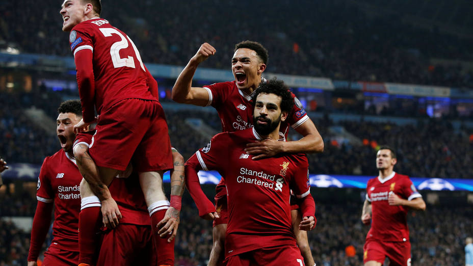 Salah celebra el gol del empate en el Manchester City Stadium. REUTERS