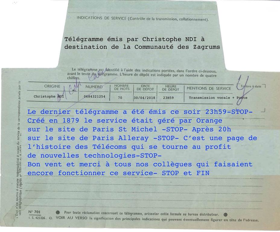 El último telegrama enviado en Francia.