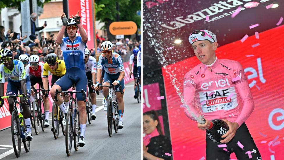 Tim Merlier y Tadej Pogacar durante la etapa del Giro