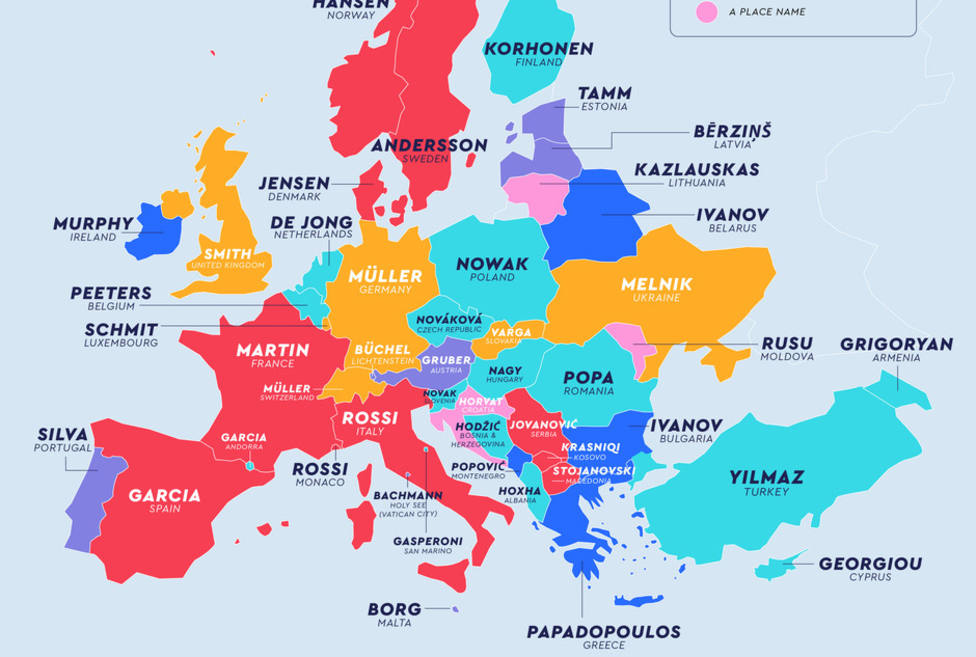 El mapa que muestra cuáles son los apellidos más comunes de cada país