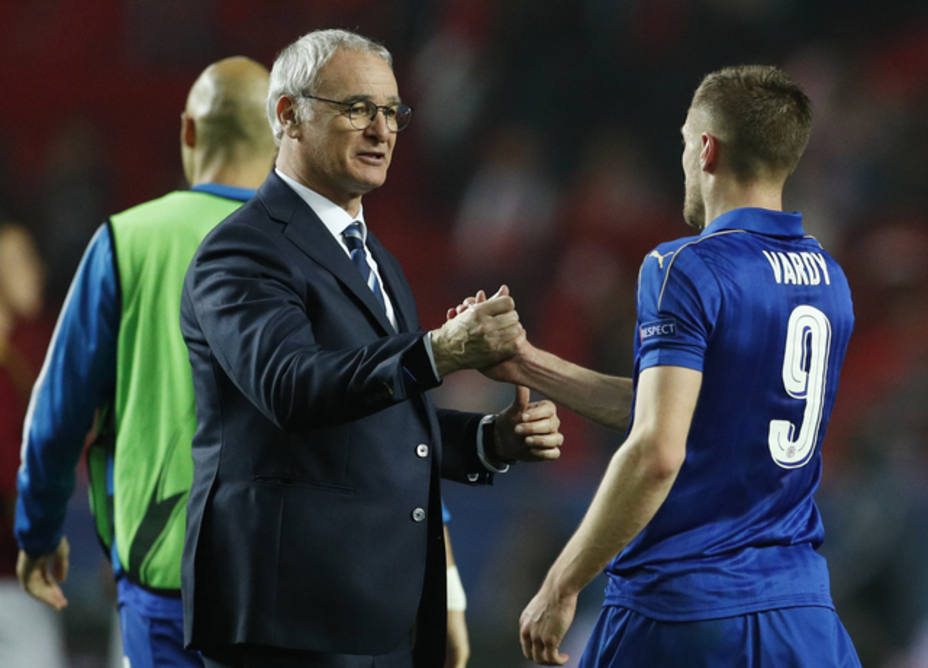 Leicester Citys Jamie Vardy and Leicester City manager Claudio Ranieri after the match