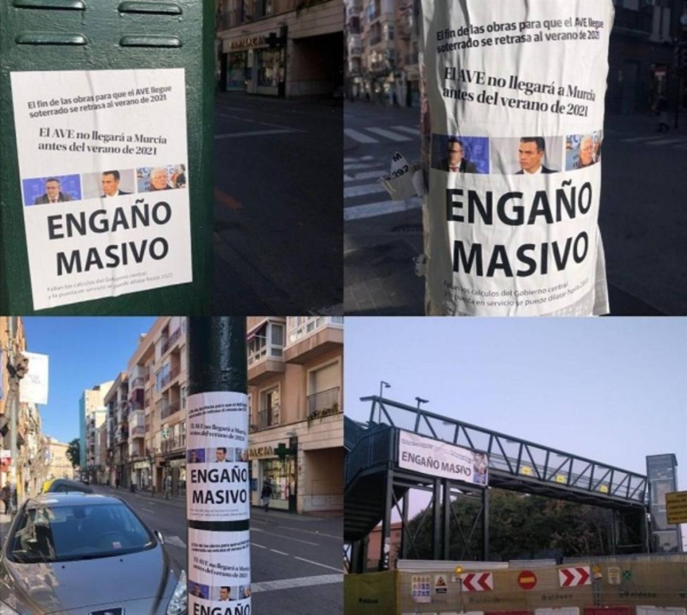 La pasarela peatonal de Santiago el Mayor amanece con carteles de engaño masivo contra PSOE