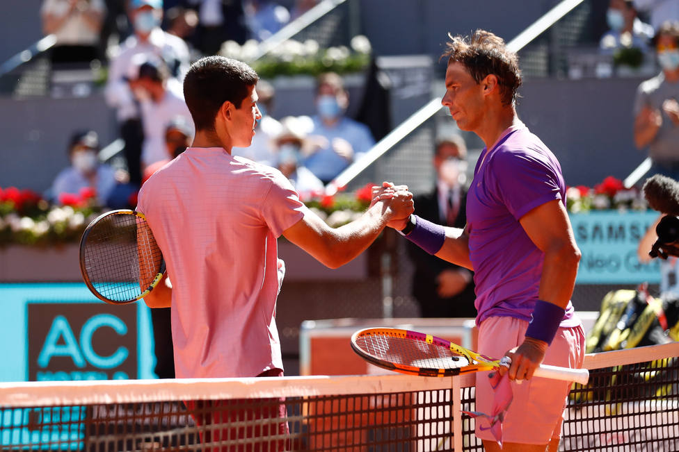 Alcaraz y Nadal durante el Mutua Madrid Open de 2021