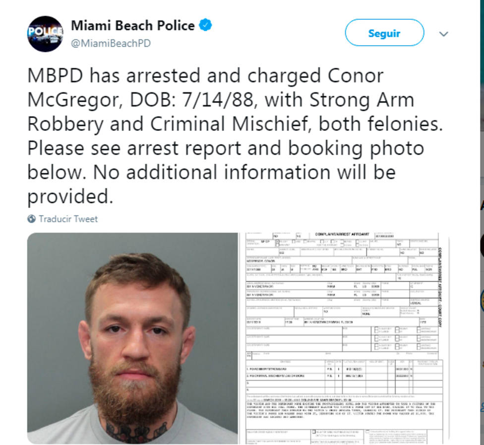 Conor McGregor, arrestado por robo de un móvil