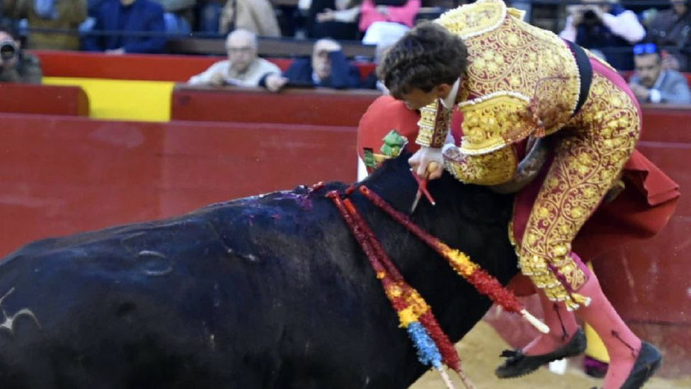 Momento de la cogida sufrida por Borja Collado este martes en Valencia