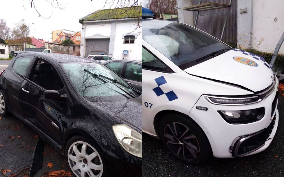 Vehículo del incidente y automóvil de la Policía Local de Ferrol en el depósito - FOTO: Cedida