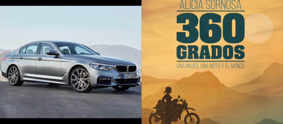 BMW serie 5 y portada del libro 360º, una mujer, una moto y el mundo