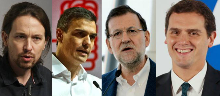 Los líderes de Podemos, PSOE, PP y Ciudadanos en distintos actos de precampaña. EFE