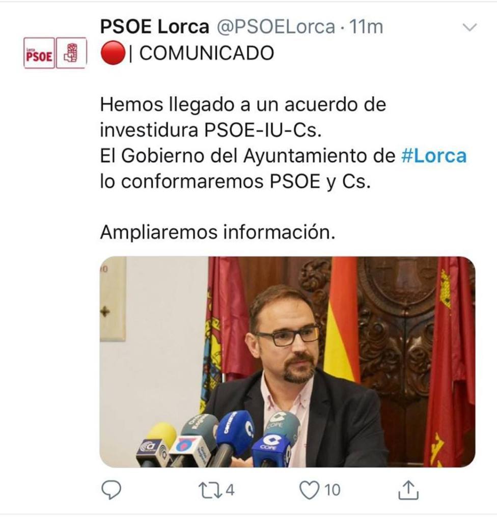 El PSOE comunica un acuerdo con IU-Verdes y Ciudadanos para gobernar en Lorca